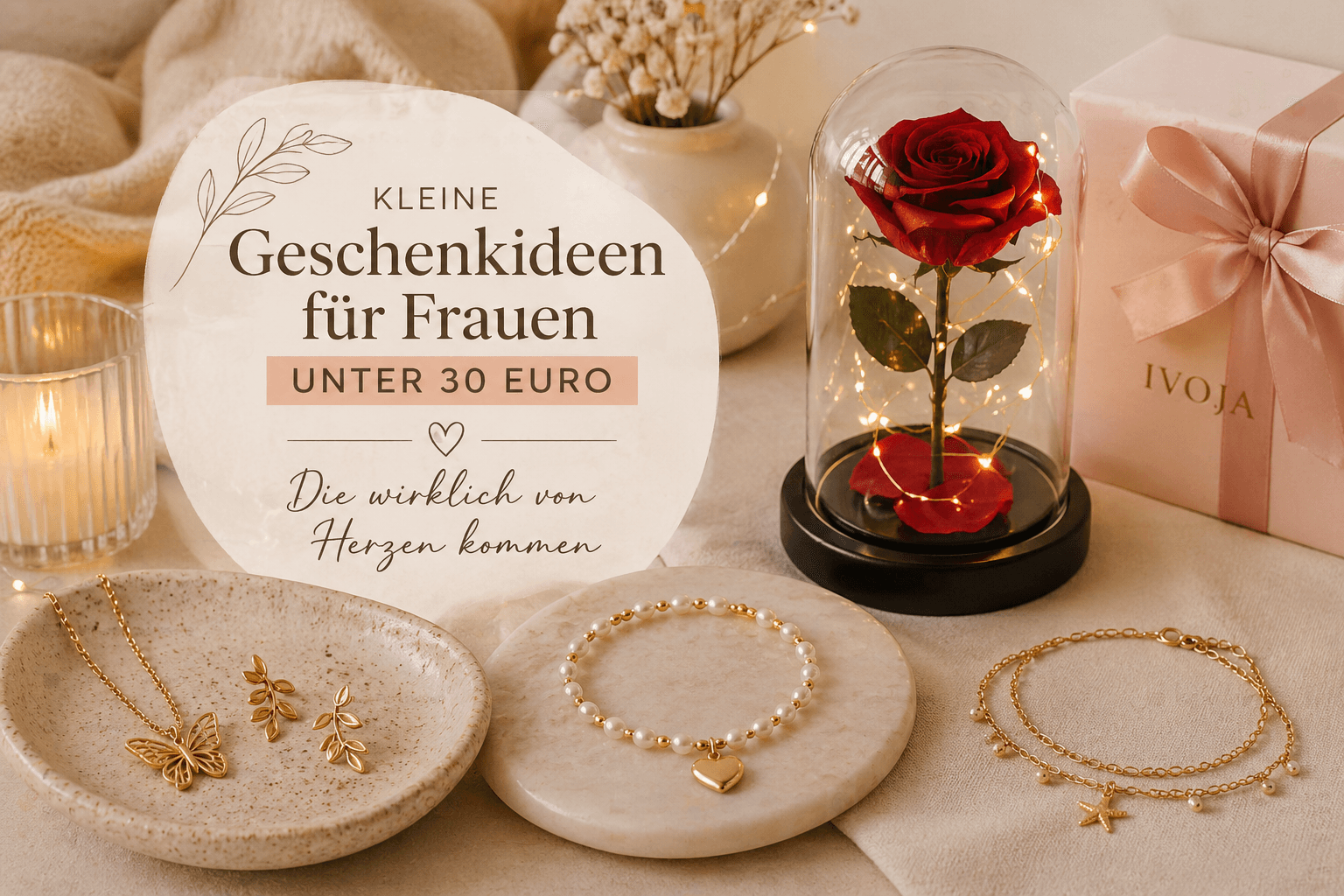 Kleine Geschenkideen für Frauen unter 30 Euro – stilvolle Schmuckstücke und romantische Rose im Glas von IVOJA