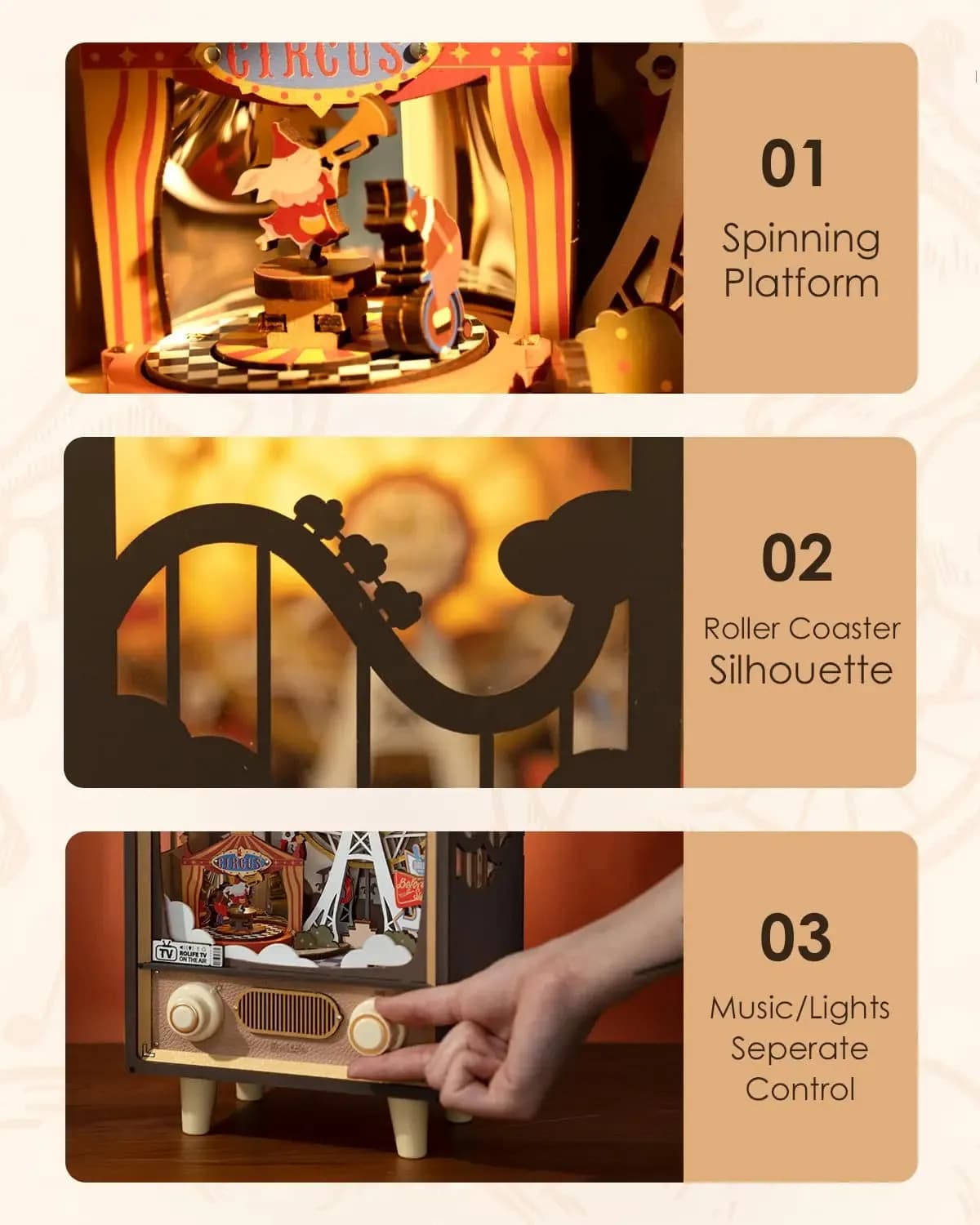 Sunset Carnival Music Box – 3D Holz-Puzzle mit LED-Licht & Spieluhr
