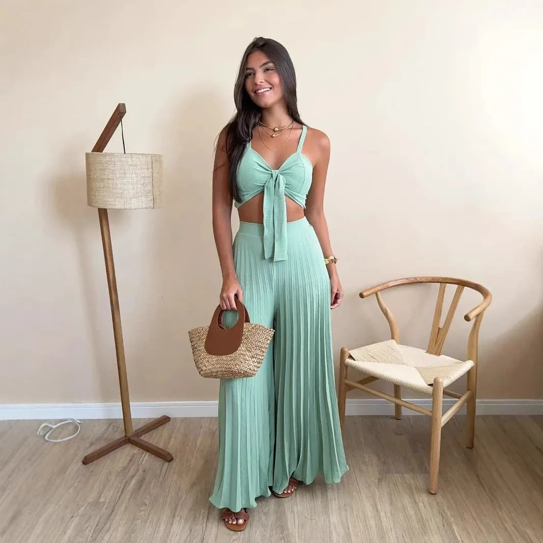 Boho Zweiteiler Damen – Top & plissierte Hose, Sommer Set elegant & luftig
