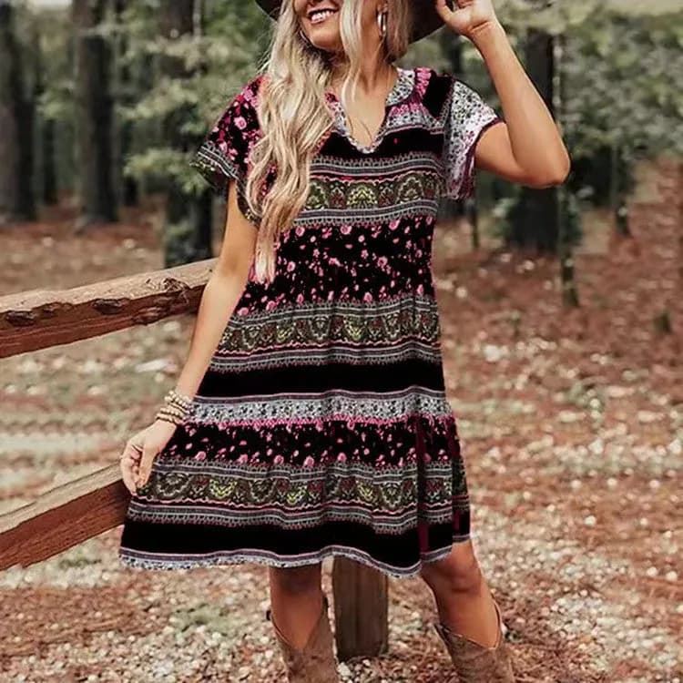 Boho-Kleid mit Print – luftiges Sommerkleid mit kurzen Ärmeln