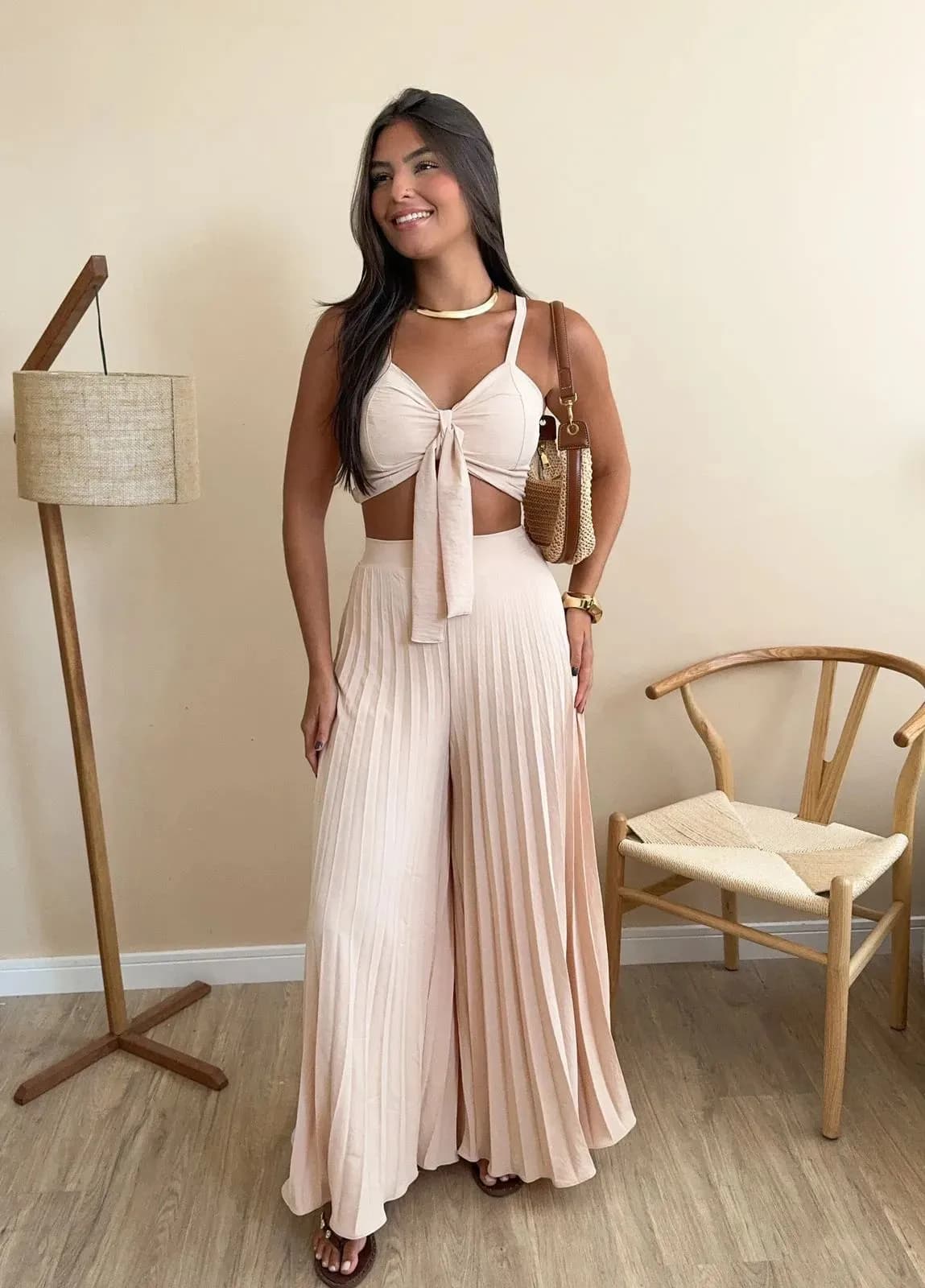Boho Zweiteiler Damen – Top & plissierte Hose, Sommer Set elegant & luftig