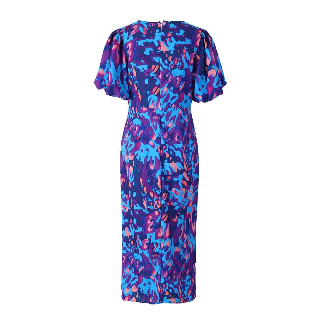 IVOJA Floral Sommerkleid V-Ausschnitt – Figurbetontes Kleid mit Puffärmeln