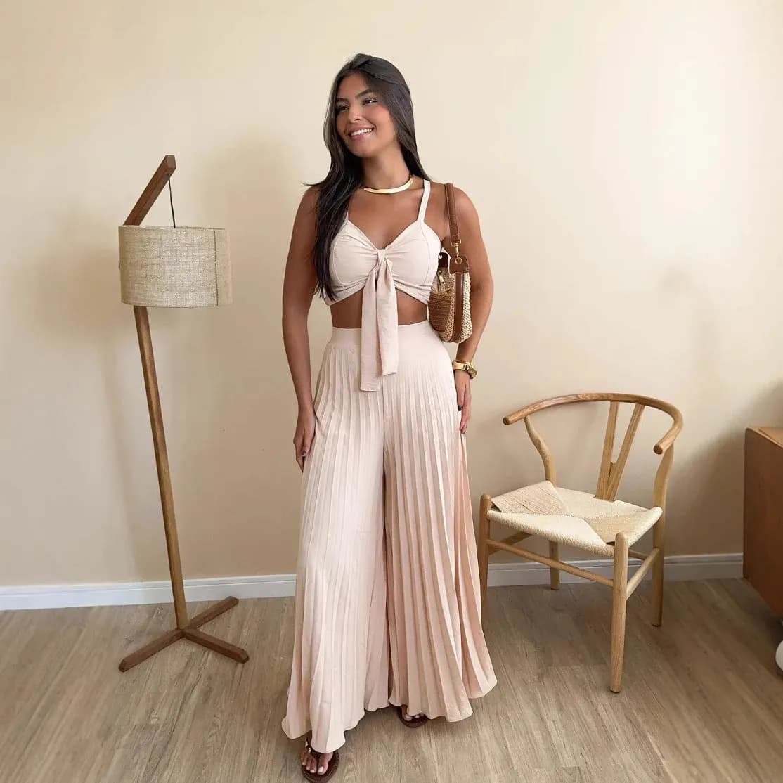 Boho Zweiteiler Damen – Top & plissierte Hose, Sommer Set elegant & luftig