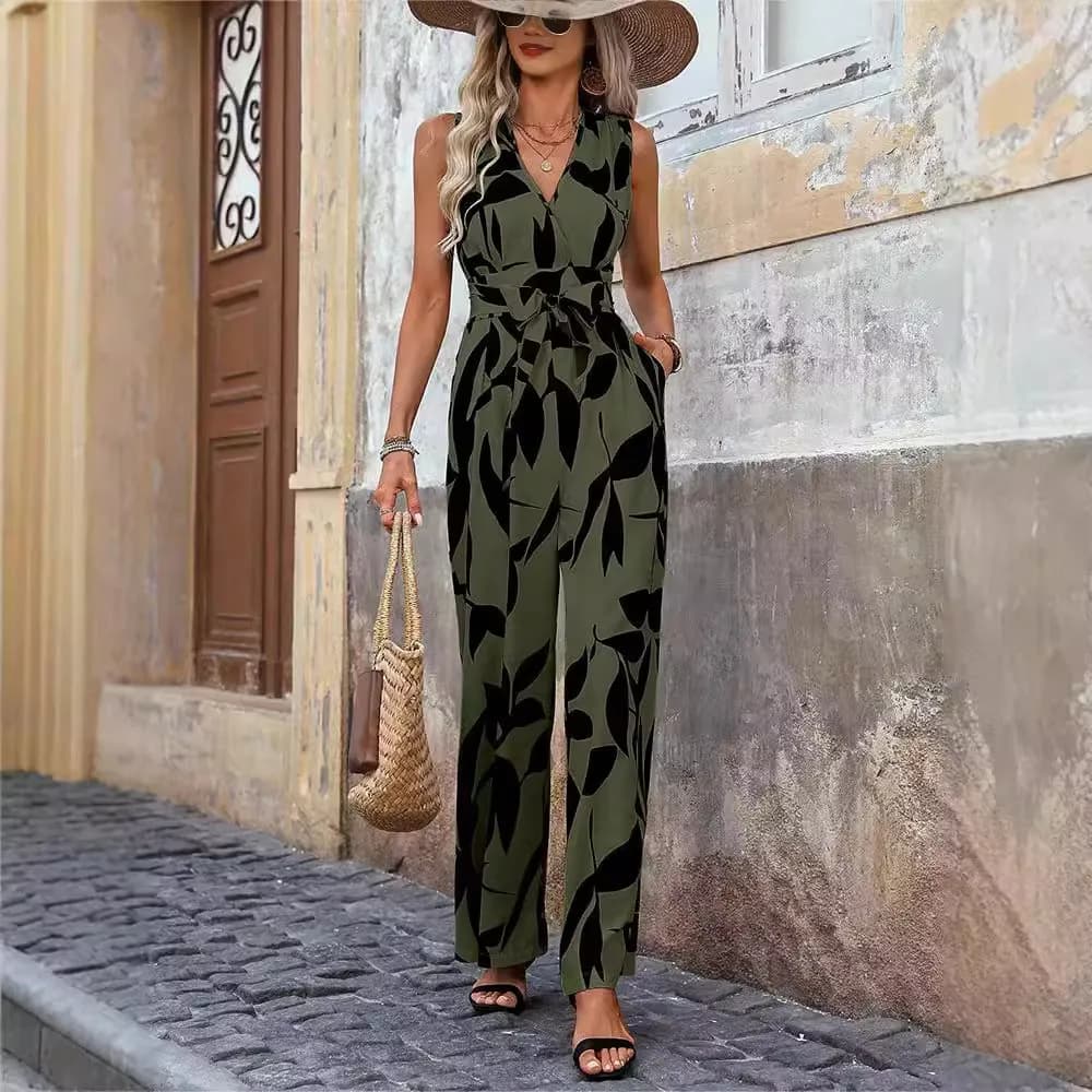 High Waist Jumpsuit mit Schnürung – Wide Leg Print (ärmellos)