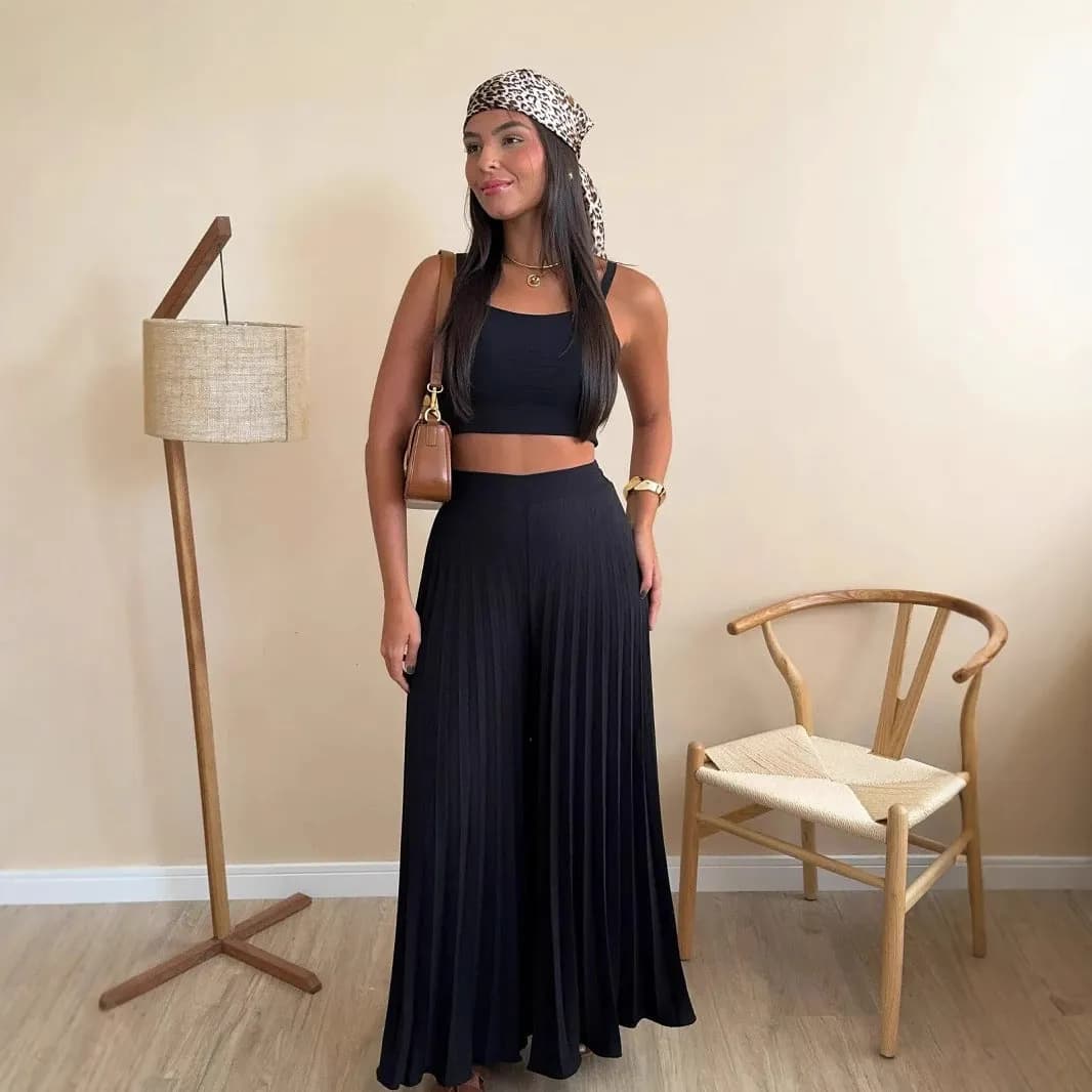 Boho Zweiteiler Damen – Top & plissierte Hose, Sommer Set elegant & luftig