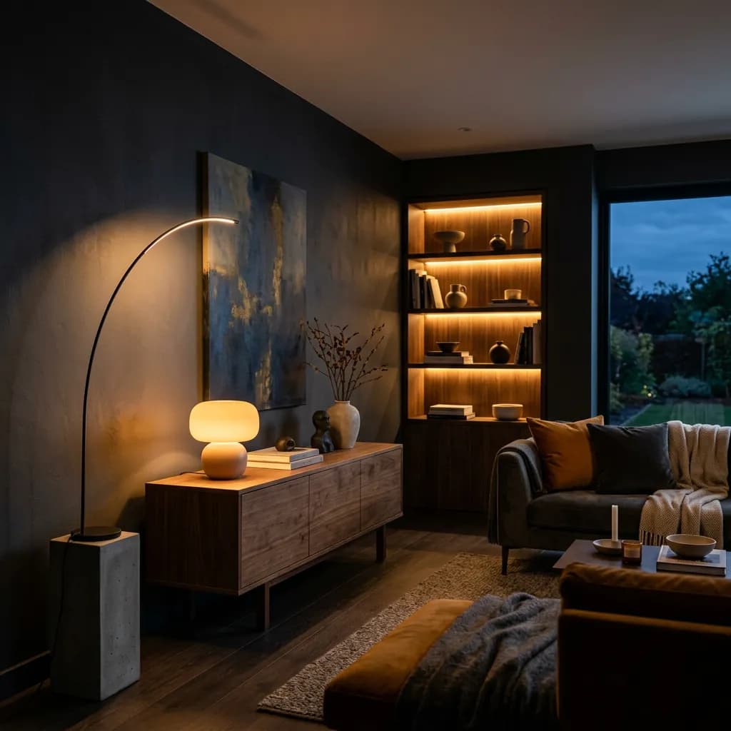 Moderner Wohnraum mit skulpturalen Lampen auf Sideboard, Podest und im Regal bei Dämmerung. 2