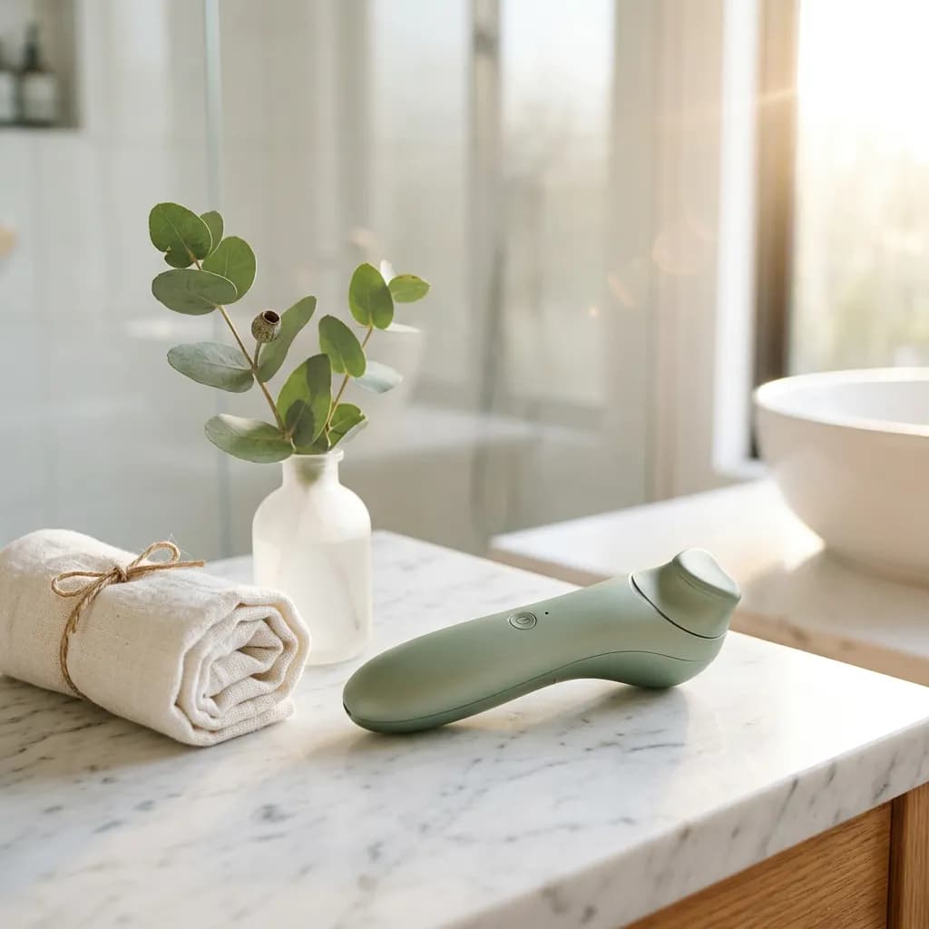 Handliches Beauty-Gerät auf weißem Marmor neben gerolltem Leinentuch und kleiner Eukalyptus-Vase. 2