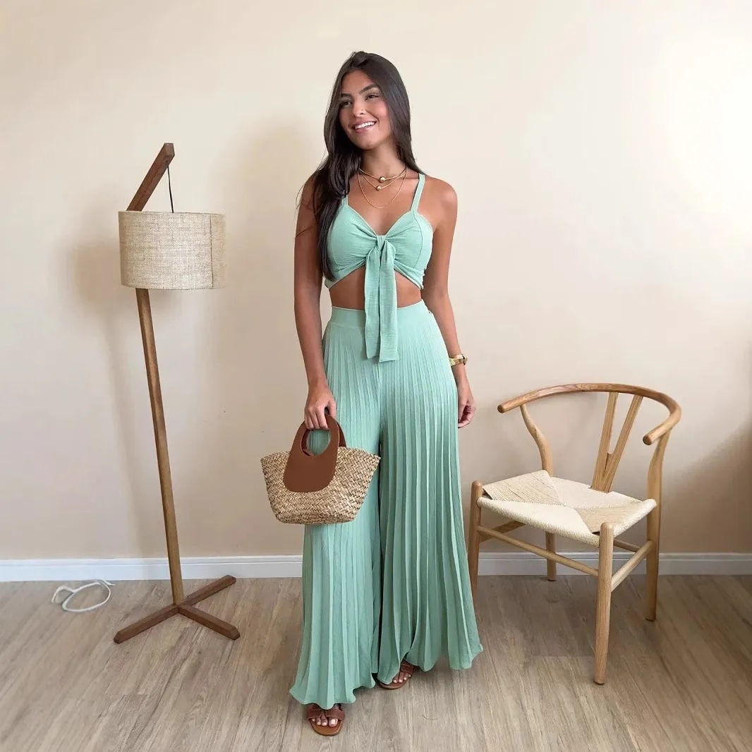 Boho Zweiteiler Damen – Top & plissierte Hose, Sommer Set elegant & luftig