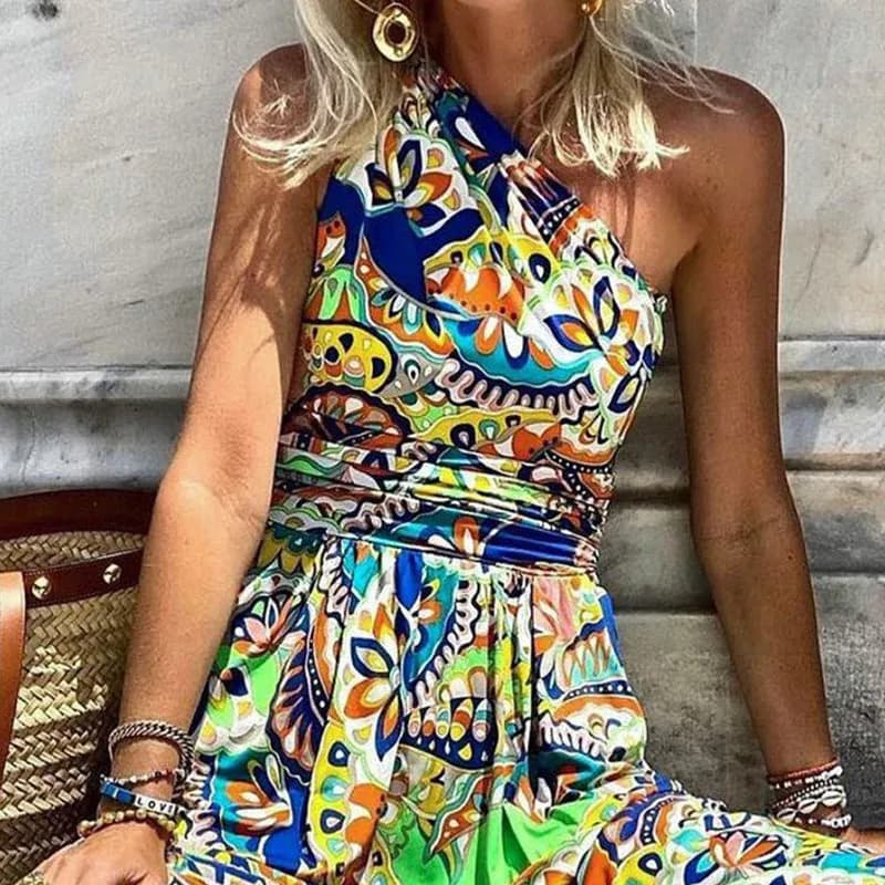One-Shoulder Boho Maxi-Kleid mit Print – fließend & feminin