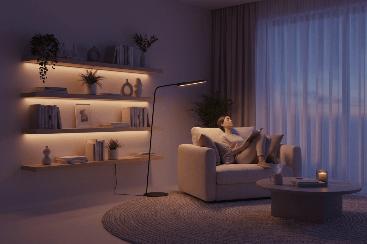 Stimmungslicht im Wohnzimmer mit warmer indirekter Beleuchtung für gemütliche Atmosphäre