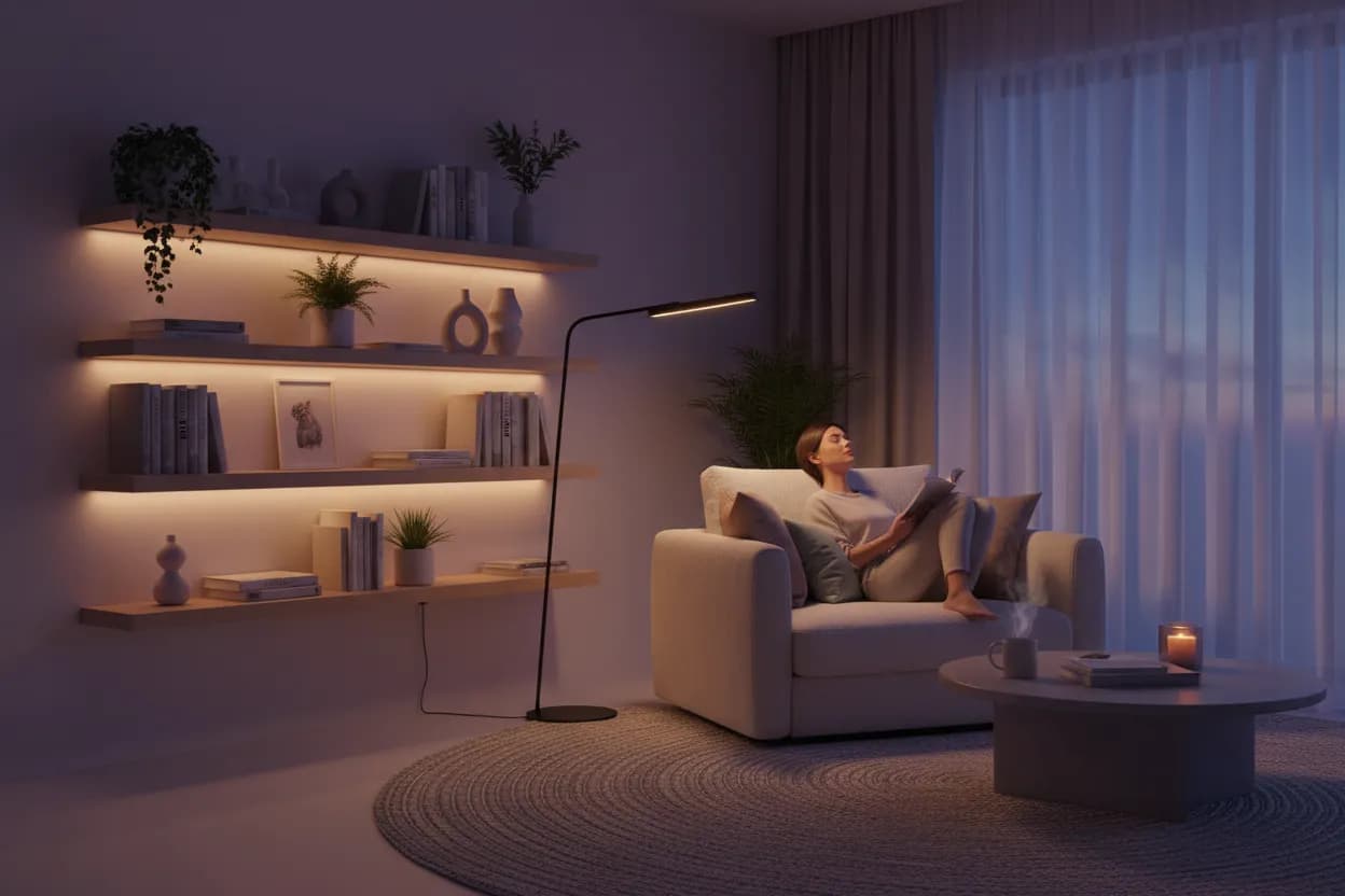 Stimmungslicht im Wohnzimmer mit warmer indirekter Beleuchtung für gemütliche Atmosphäre