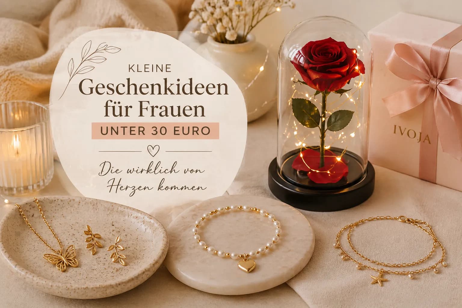 Kleine Geschenkideen für Frauen unter 30 Euro – stilvolle Schmuckstücke und romantische Rose im Glas von IVOJA