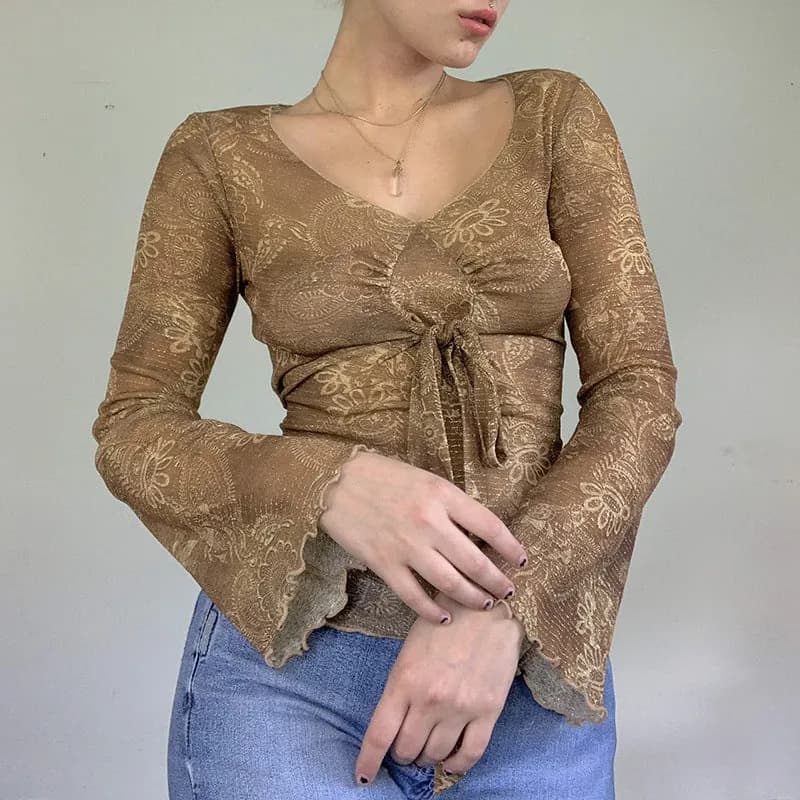 Vintage Boho Top mit Schnürung & Cashmere-Blumenprint (Langarm)