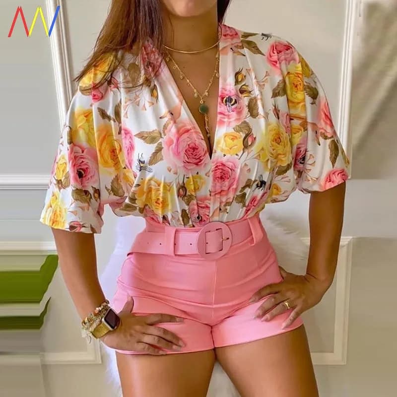 Boho 2-teiliges Set mit Blumenprint – Crop Top & Rock (V-Ausschnitt)