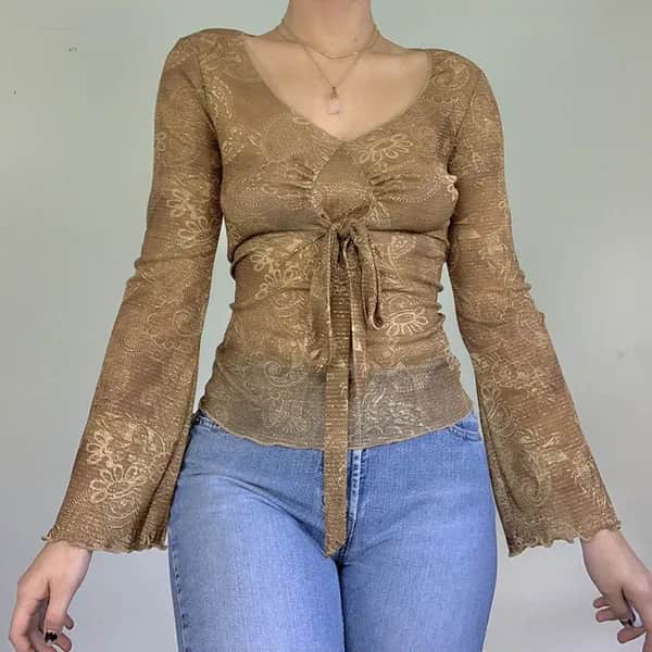 Vintage Boho Top mit Schnürung & Cashmere-Blumenprint (Langarm)