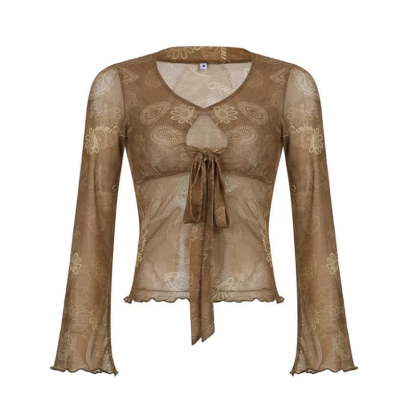 Vintage Boho Top mit Schnürung & Cashmere-Blumenprint (Langarm)