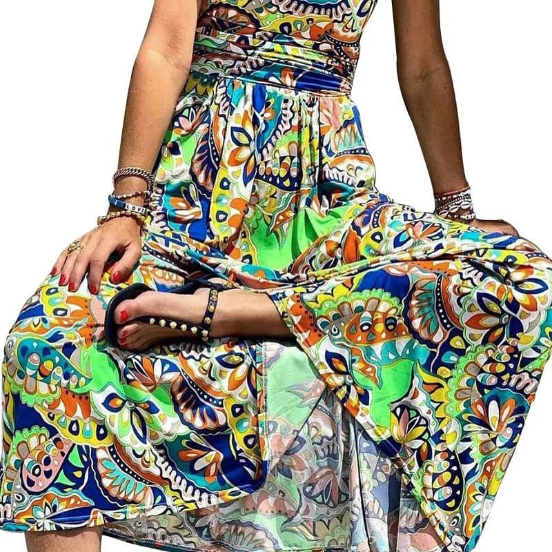 One-Shoulder Boho Maxi-Kleid mit Print – fließend & feminin