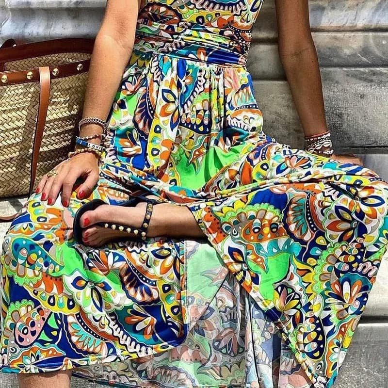One-Shoulder Boho Maxi-Kleid mit Print – fließend & feminin