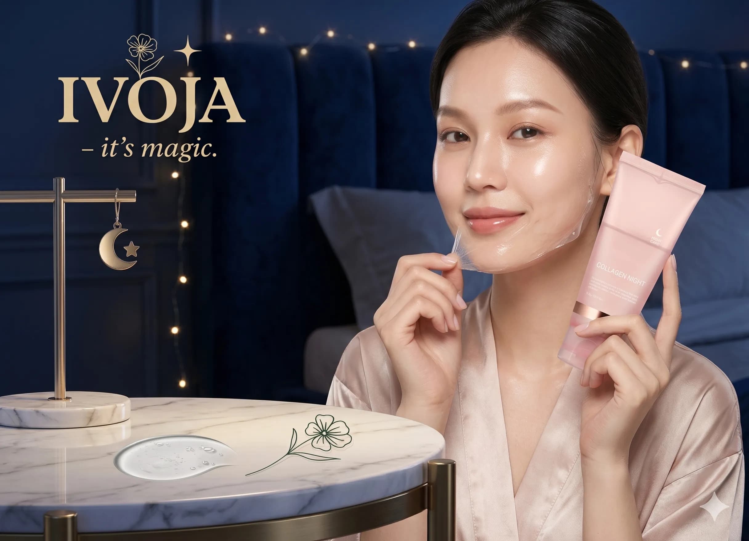 Frau mit strahlendem Tiefen-Glow zieht sanft eine transparente Kollagen Nachtmaske ab. Im Fokus: Die rosa Tube der regenerierenden Slow-Aging Gesichtspflege für intensive Hautregeneration im Schlaf von IVOJA.